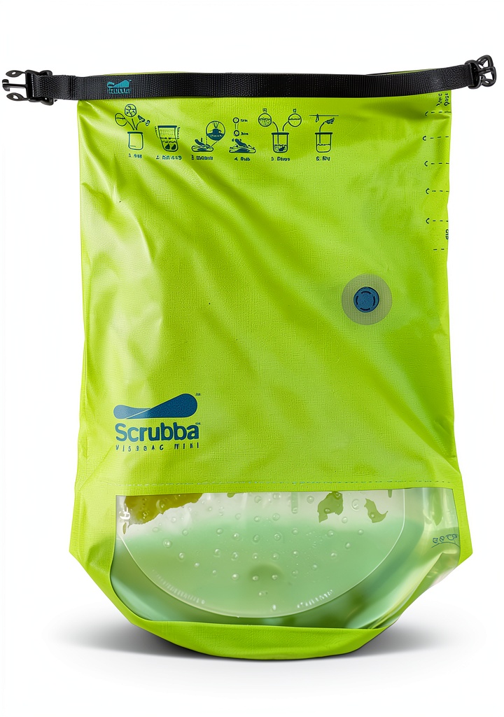 Scrubba mini wash bag unboxing on a wooden table