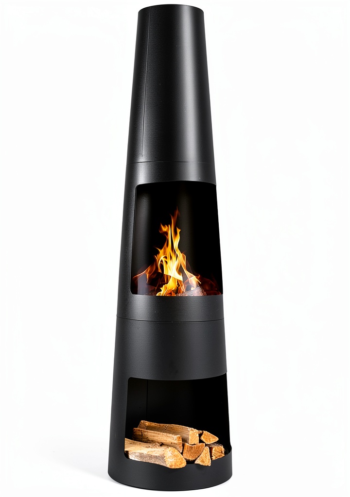 Black Steel Chiminea in a small patio setting