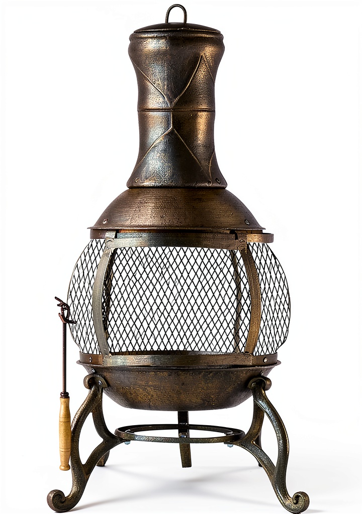 Kay Home alloy steel chiminea placed on a patio with a fire burning