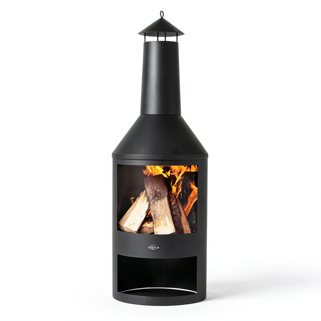 Harrier Modern Powder Coated Round Chiminea in a garden setting