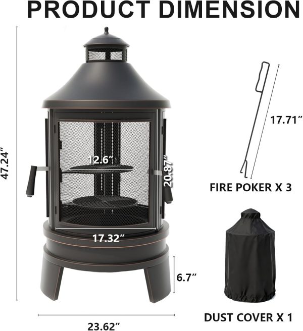 ALAULM Modern Black Metal Chiminea with 3 Door Access and Adjustable-6