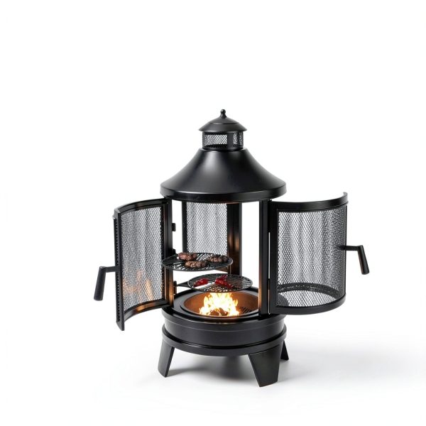 ALAULM Modern Black Metal Chiminea with 3 Door Access and Adjustable-1