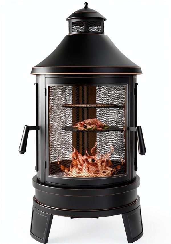 ASJMR Metal Chiminea Outdoor Fireplace Grill Black Modern Round 23.6in-0