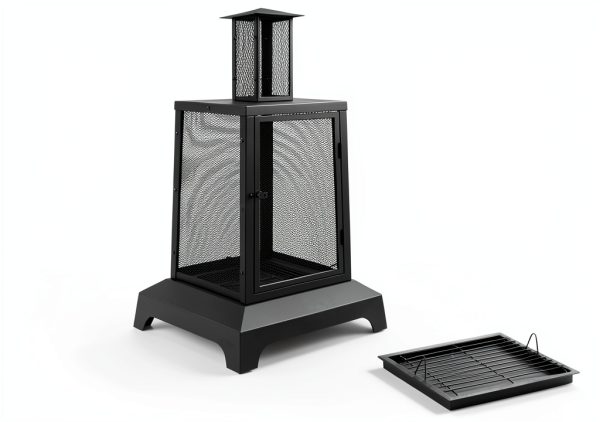 WALCUT Modern Square Chiminea Fire Pit 43in Black Powder Coated Metal-1