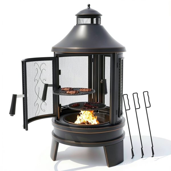 ALAULM Modern Black Metal Chiminea with 3 Door Access and Adjustable-0