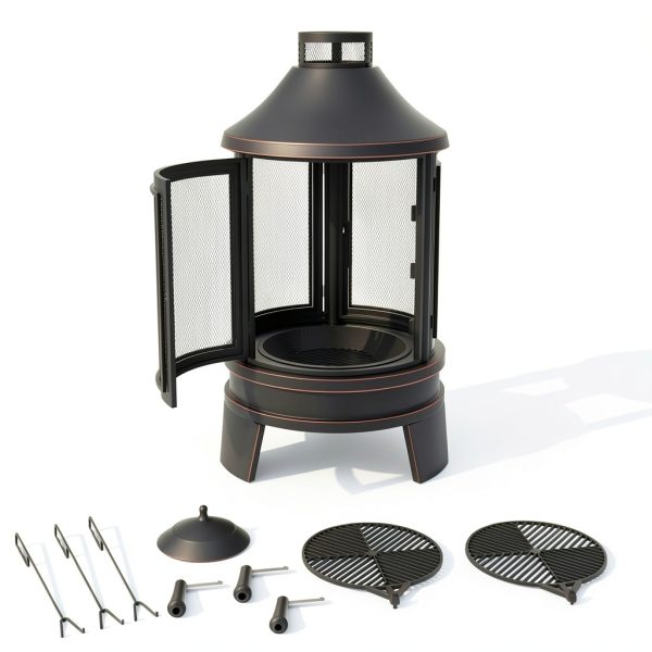 ALAULM Modern Black Metal Chiminea with 3 Door Access and Adjustable-7