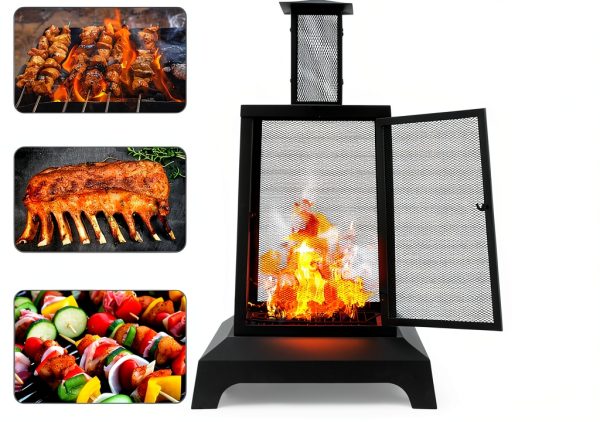 WALCUT Modern Square Chiminea Fire Pit 43in Black Powder Coated Metal-4