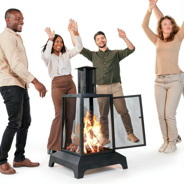 WALCUT Modern Square Chiminea Fire Pit 43in Black Powder Coated Metal-6