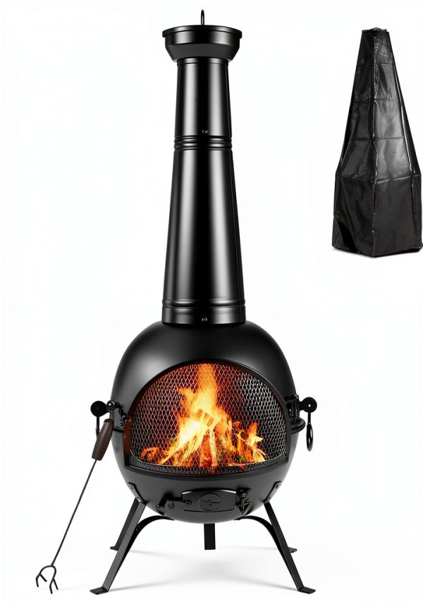 Wood Burning Chiminea SINGLYFIRE SFC-001 Black Round Metal Traditional-0