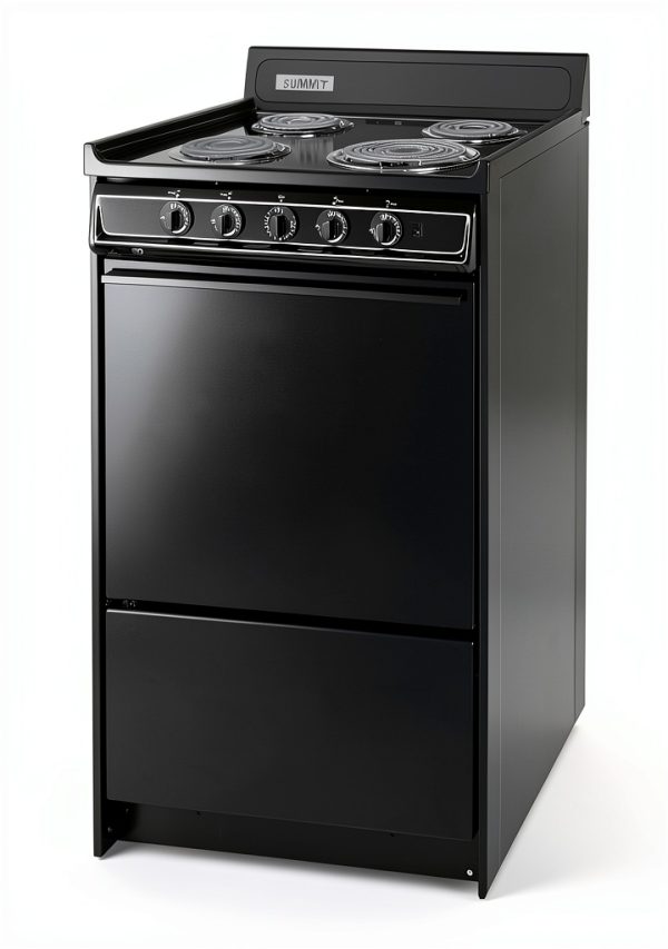 Summit TEM110C 20"" Freestanding Electric Range with 4 Coil Elements 2.46 cu. ft. Oven Capacity Chrome Drip Pans Storage Drawer Indicator Lights in Black-2