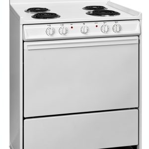 Summit 30" Electric Range, 220V 4 Burner Range, 3.7 cu.ft. oven, Low Wattage Safety Burners, White - WEM210 Made in the USA-0