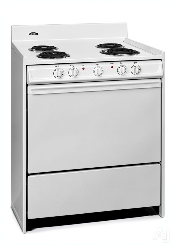 Summit 30" Electric Range, 220V 4 Burner Range, 3.7 cu.ft. oven, Low Wattage Safety Burners, White - WEM210 Made in the USA-0