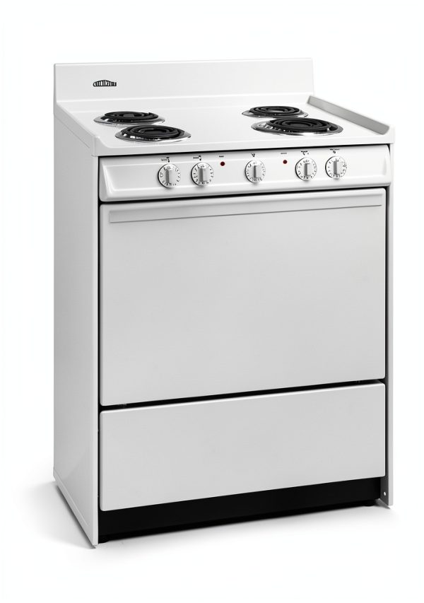 Summit 30" Electric Range, 220V 4 Burner Range, 3.7 cu.ft. oven, Low Wattage Safety Burners, White - WEM210 Made in the USA-1